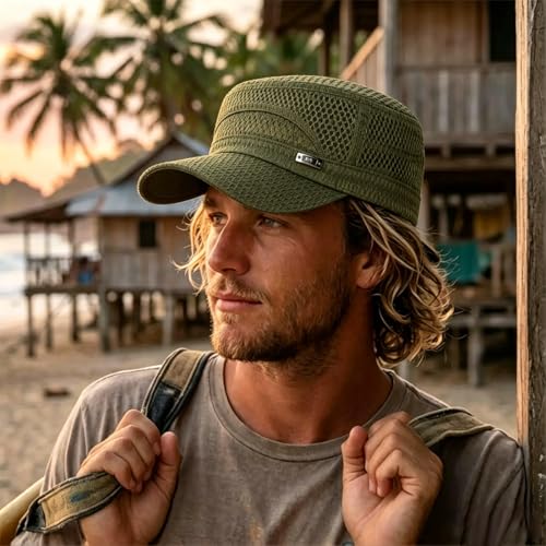 Mesh Flat Top Cadet Cap for Men Adjustable - color: Army Green