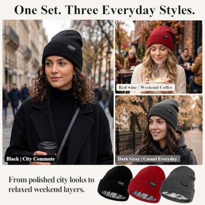 3 Pack Satin Lined Beanies for Men and Women Silk Warm Cuffed Winter Hats - color: Black+dark Grey+wine Red