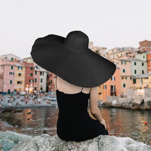 Lifup Straw Sun Hat for Women, Wide Brim Oversized Summer Beach Hat - color: Black