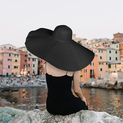 Lifup Straw Sun Hat for Women, Wide Brim Oversized Summer Beach Hat - color: Black