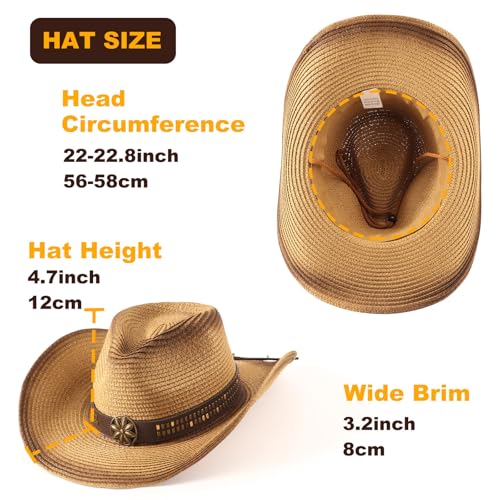 AQOKKA Straw Cowboy Hats for Women Men Western Cowgirl Hats with Shapeable Brim Woven Hollow Out Unisex Beach Roll Up Caps - color: Spray-painted Cowboy Hats : Coffee+khaki