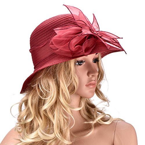 Womens Wedding Occasion Floral Wide Brim Church Dressy Sun Hat A323 - color: Wine