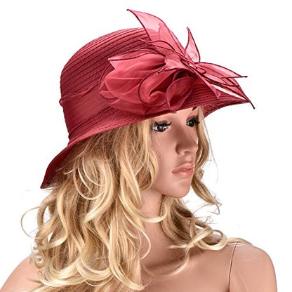 Womens Wedding Occasion Floral Wide Brim Church Dressy Sun Hat A323 - color: Wine