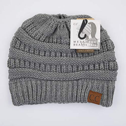 C.C Exclusives Soft Stretch Cable Knit Messy Bun Ponytail Beanie Winter Hat for Women (MB-20A) - color: Light Melange Grey