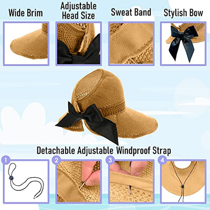 Straw Sun Visor for Women, Wide Brim UPF 50+ Protection Beach Hat, Adjustable, Roll Up Foldable Ponytail Cap with Chin Strap - color: A Mustard