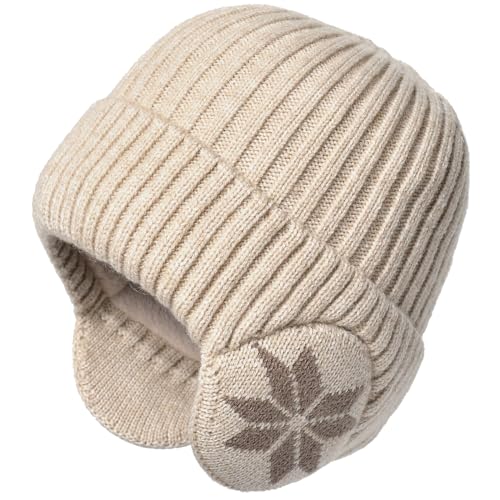 Knit Beanie Hat with Earflaps – Winter Warm Thick Fleece Lined Ski Skull Cap for Men Women - color: Beige