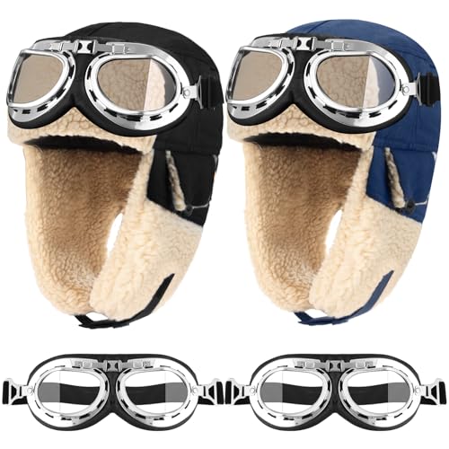 JaGely 4 Pcs Pilot Hat and Goggles Flight Costume Accessories Pilot Helmet Cap with Ear Flaps Hat Adults Winter - color: Blue and Black, style: Trendy