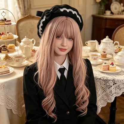 JIAHG Women Girls Sweet Lolita Beret Hat with Detachable Bowknot Painter Hat Woolen French Style Artist Beret Winter Cap - color: Black Beret With Black Bow