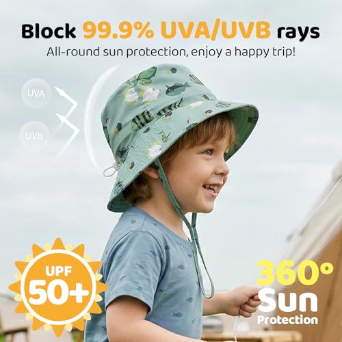 Toddler Bucket Hats UPF 50+ Baby Sun Hat Adjustable Kids Sun Protection Summer Hat Wide Brim Beach Hat for Boys Girls 0-6Y - color: Greenfish, size: 0-6 Months