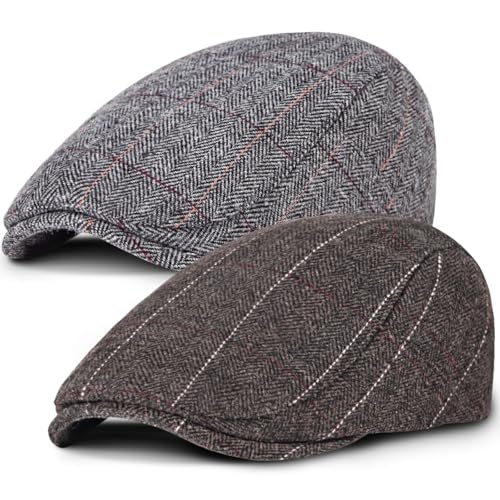 Senker Fashion 2 Pack Newsboy Cap for Men, Wool Blend Tweed Flat Cap - color: Brown Gray