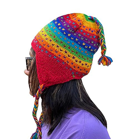 Nepal Hand Knit Ear Flaps Beanie Skull Ski 100% Wool Fleeced Hat/Cap - color: Rainbow
