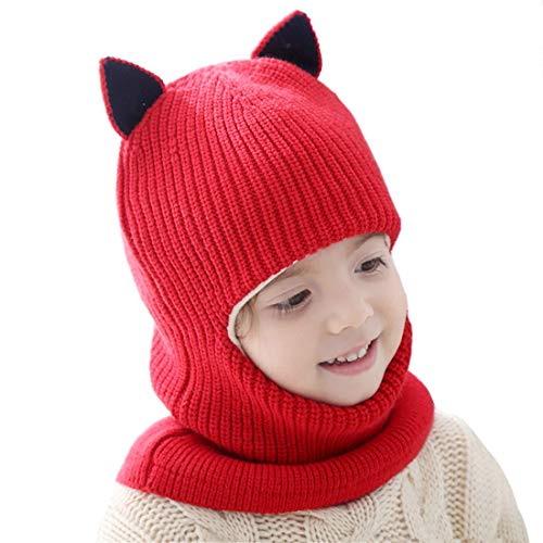 Toddler Winter Hat Baby Balaclava 2 in 1,Fleece Lined Knitted Beanie with Face Mask, Ear Flaps & Pom Pom for Boys Girls - color: Cat-red