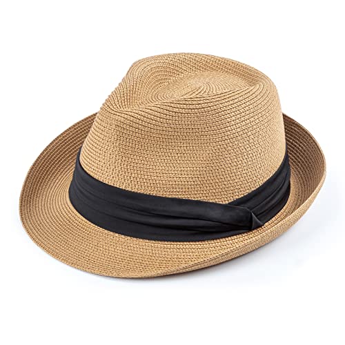 AQOKKA Summer Straw Fedora Hat for Women Men Travel Panama Hat with Wide Brim Roll Up Sun Hat for Beach Outdoor UPF 50+ - color: A Khaki