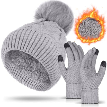 Womens Winter Fleece Lined Knitted Beanie Hat Glove Set, Warm Pom Pom Beanie Knit Cap Touchscreen Gloves for Women - color: Gray