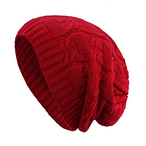 Surblue Unisex Trendy Beanie Warm Oversized Chunky Cable Knit Slouchy Woolen Hat - color: Wine Red