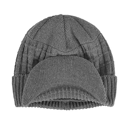 Original One Winter Wool Knitted Chunky Visor Beanie Hat with Brim Fur Lined Peaked Ski Cap - color: Gray