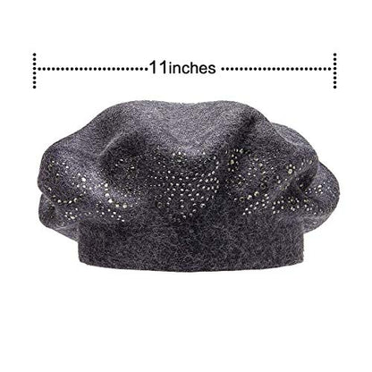 LADYBRO Rhinestone Beret Hats for Women 2 Layers Wool Knit Cap Lady Winter - color: Grey