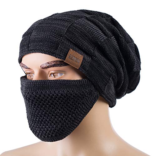 REDESS Beanie Hat for Men and Women Winter Warm Hats Knit Slouchy Thick Skull Cap with Face Cover - color: D2 Black
