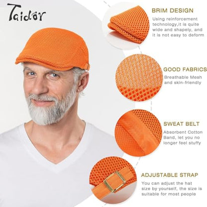 2 Pack Men's Mesh Cap Breathable Summer Newsboy Hat Adjustable Beret Ivy Cap Irish Cabbie Driving Hunting Hats - color: Black/Orange