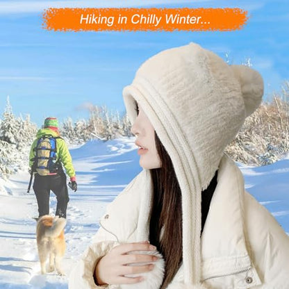 HUAMULAN Women Winter Sherpa Knit Beanie Hats with Pom Poms Ear Flaps - color: Xz3123-baise