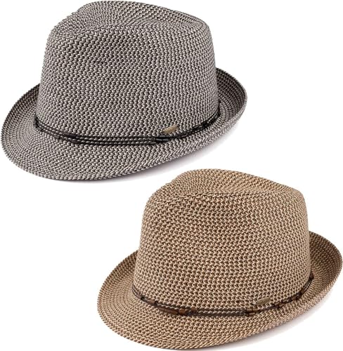 Funky Junque Short Brim Fedora Packable Sun Hat for Women - color: 2 Pack - Black & Brown Multi W/ Beaded Ropes