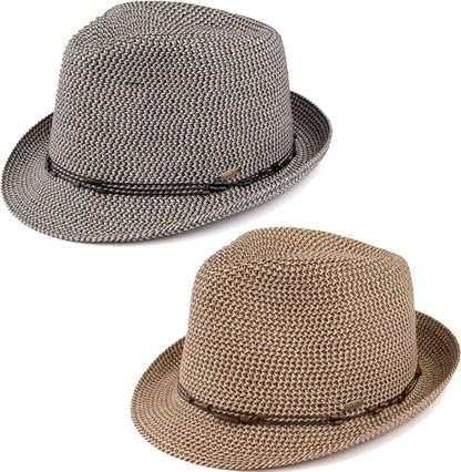 Funky Junque Short Brim Fedora Packable Sun Hat for Women - color: 2 Pack - Black & Brown Multi W/ Beaded Ropes