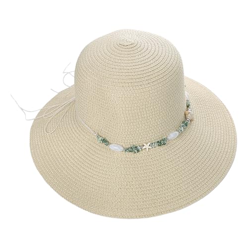 Womens Straw Sun Hat Wide Brim Summer Beach Hat with Beaded Trim Summer Foldable Floppy Hat for Travel Vacation UV Protection - color: Beige