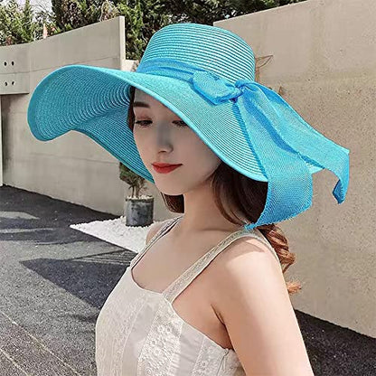FSIGOM Women's Folable Floppy Hat,Wide Brim Sun Protection Straw Hat, Summer UV Protection Beach Cap - color: C1-f-blue, size: Medium