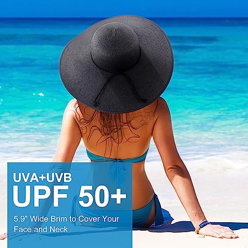AQOKKA Beach Hats for Women Men Big Straw Wide Brim Summer Hat Floppy Foldable Roll up Cap for Beach Outdoor UPF 50+ - color: 1 Pack: String Tie Black