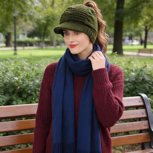 Women's BeanieTail Warm Knit Hat Messy High Bun Ponytail Visor Beanie Cap - color: B340-green, size: Medium