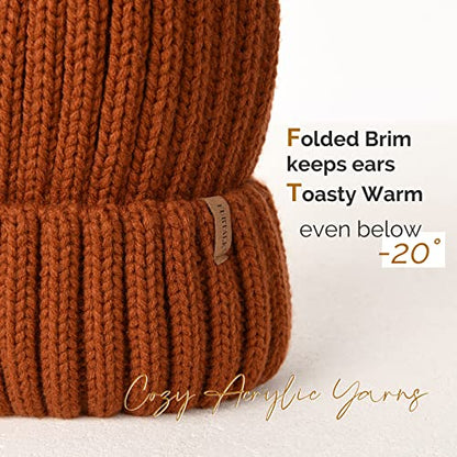 FURTALK Womens Winter Knitted Beanie Hat with Faux Fur Pom Warm Knit Skull Cap Beanie for Women - color: Dark Orange