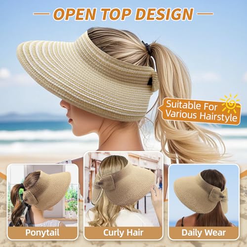 Sun Hats for Women Wide Brim Straw Sun Visors Ponytail Hat - color: Beige White Stripe