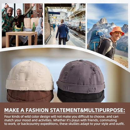 Retro Frayed Brimless Docker Cap Rolled Cuffed Beanie Skullcap Sailor Landlord Hat Casual Lovers Hip Hop Dancing Hats - color: Mg-xgmmxpd51-black