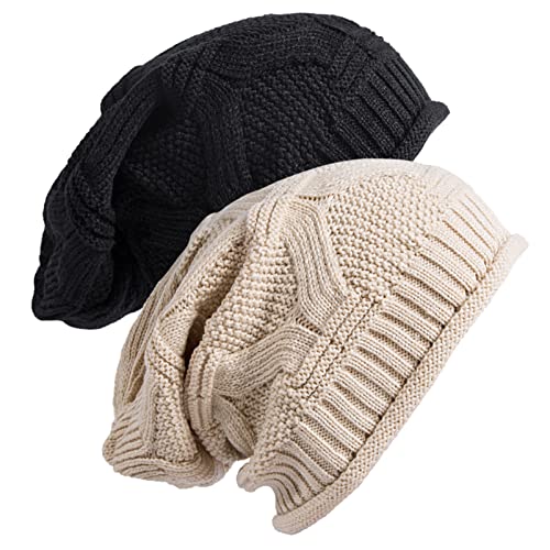 Senker Fashion 2 Pack Winter Beanie Hats for Women, Womens Slouchy Beanies - color: Black Beige