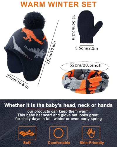 SATINIOR Winter Toddler Boys Hat Dinosaur Warm Mittens Scarf Set Pompom Baby Beanie Knitted Baby Hat Scarf Gloves Earflaps - color: Modern Color