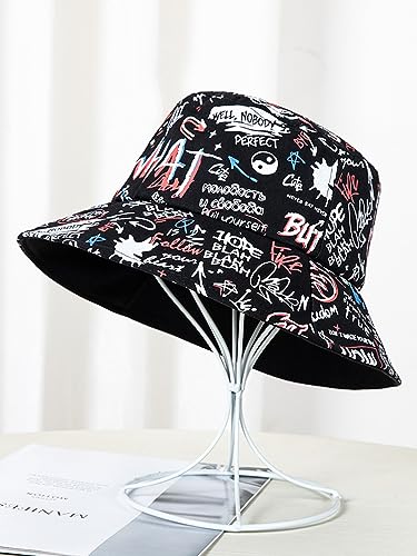 Packable Reversible Printed Bucket Hat Unisex for Men Women Beach Fisherman Cap - color: Black-2