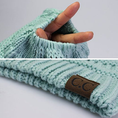 C.C Exclusives Soft Stretch Cable Knit Messy Bun Ponytail Beanie Winter Hat for Women (MB-20A) - color: Mint
