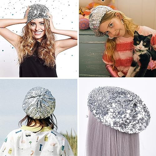 JUMISEE Sparkly Sequin Berets for Women Girls Fashion Beanie Hat Costume Accessories for Festival Party Dance - color: Silver