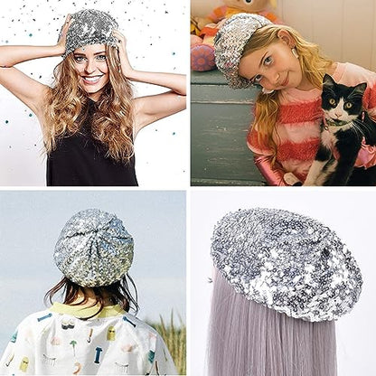 JUMISEE Sparkly Sequin Berets for Women Girls Fashion Beanie Hat Costume Accessories for Festival Party Dance - color: Silver