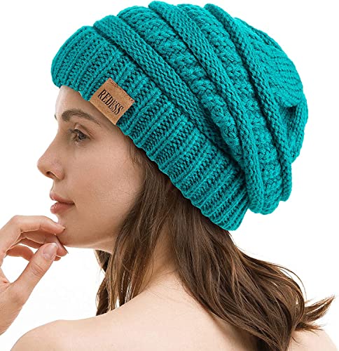REDESS Slouchy Beanie Hat for Men and Women Winter Warm Knit Hat Chunky Soft Oversized Cable Cap - color: B9 Teal