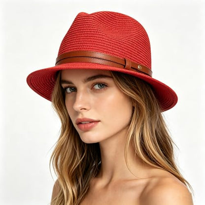 Sun Hat for Women Red Straw Summer Beach Sunhat Packable Foldable Wide Brim UPF 50+ UV Protection Bucket Garden hat