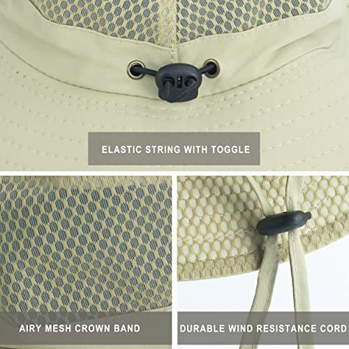 Mens Sun Hat Wide Brim Breathable Mesh UPF 50+ Waterproof Fishing Hat Safari Hat Foldable Boonie Cap - color: A-khaki