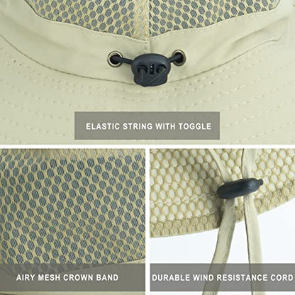 Mens Sun Hat Wide Brim Breathable Mesh UPF 50+ Waterproof Fishing Hat Safari Hat Foldable Boonie Cap - color: A-khaki