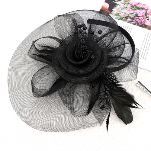Womens Fascinators Mesh Hats Tea Party Hats for Women Feather Veil Headband - color: Black