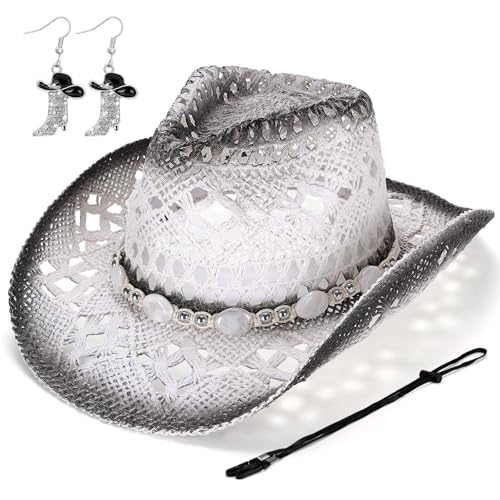 Straw Cowboy Hat for Women, Western Cowgirl Hats with Boot Earrings, Brim Summer Beach Hat - color: White-a