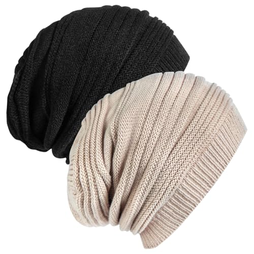 Senker Fashion 2 Pack Winter Beanie Hats for Women, Womens Slouchy Beanies - color: Off White Black