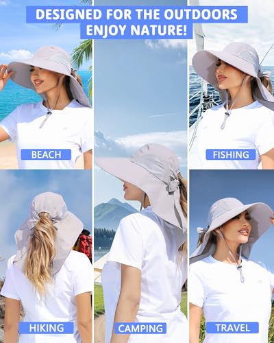 Womens Sun Hat Outdoor UV Protection Wide Brim Fishing Hat with Ponytail Hole Neck Flap for Beach Hiking Camping - color: Sun Hat-light Gray