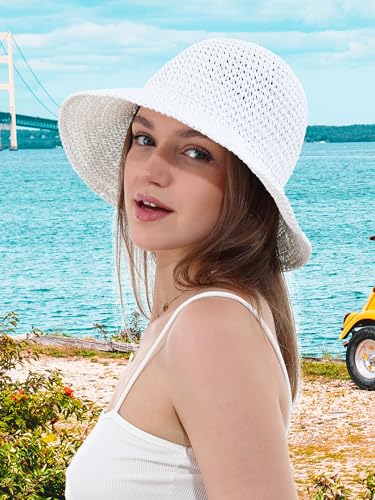 Womens Sun Hat Handmade Crochet Straw Bucket for Summer Foldable Travel Cap - color: White