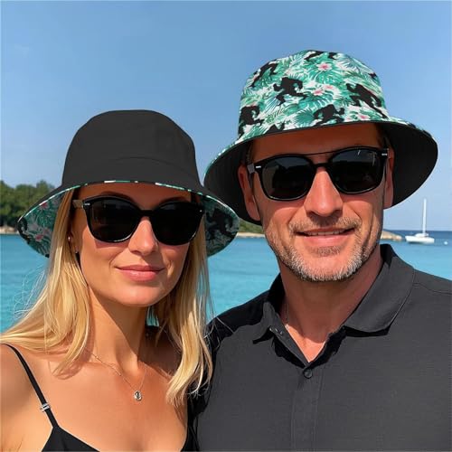 Amasnay Neon Bucket Hat Cotton Double-Side-Wear Reversible Sun Hat for Women Men, Summer Vacation Travel Beach Fisherman Hat - color: Green Floral Bigfoot