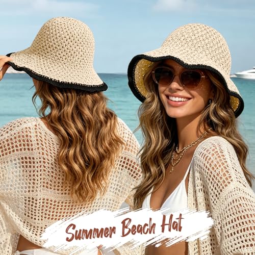 Sun Hat for Women Summer Straw Beach Hats Bucket Hat Floppy Crochet Hat - color: Beige/Black